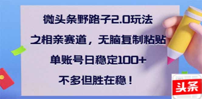 微头条野路子2.0玩法之相亲赛道，无脑搬砖复制粘贴，单账号日稳定300+…耀梦项目-副业赚钱-互联网创业-资源整合耀梦网赚
